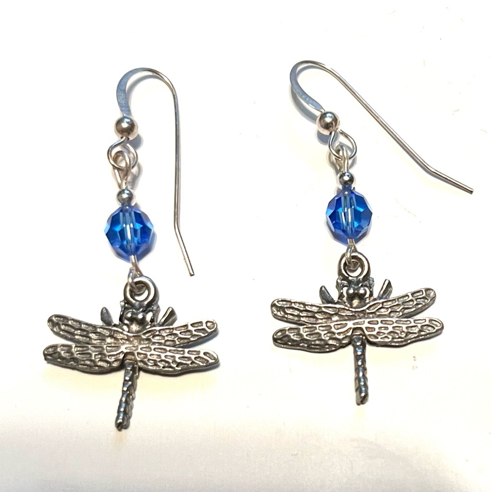 Silvertone Dragonfly Earrings with Blue Accents